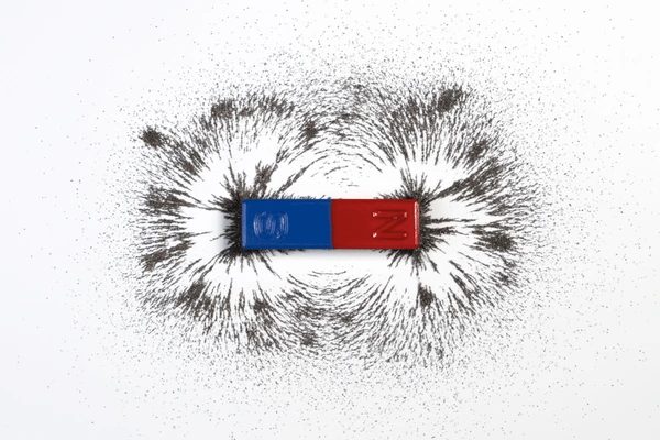 Bar magnet showing magnetic field lines with iron filings in a classroom experiment
