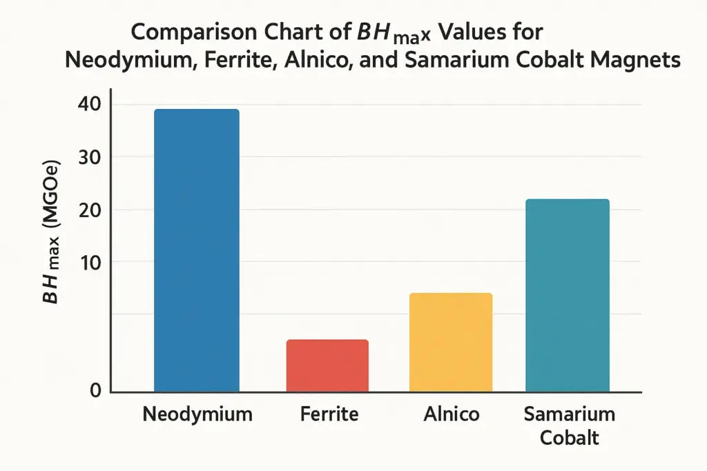 Comparison chart of BHmax values for Neodymium, Ferrite, Alnico, and Samarium Cobalt magnets