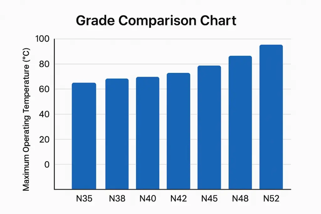 Comparison chart showing neodymium magnet grades N35 to N52 with maximum operating temperatures.