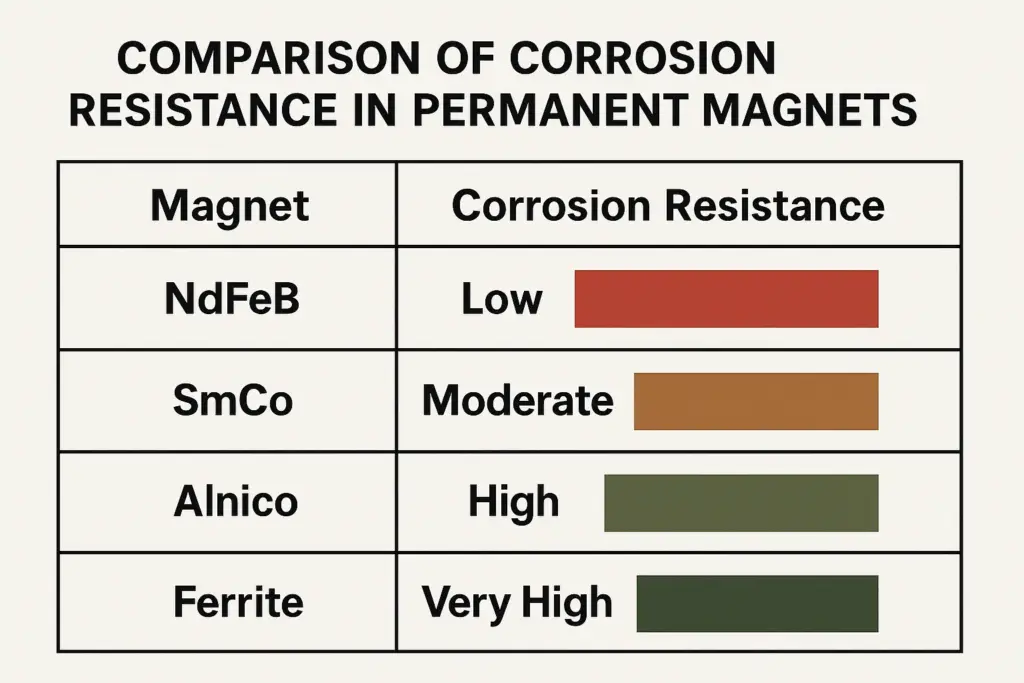 Comparison of corrosion resistance in NdFeB, SmCo, Alnico, and Ferrite permanent magnets