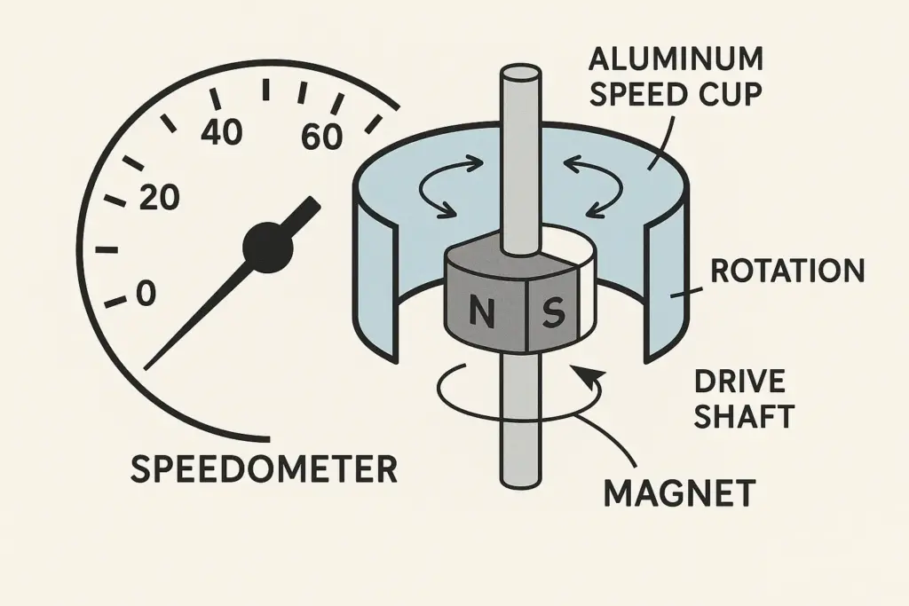 Diagram of magnet and aluminum cup interaction in a mechanical speedometer