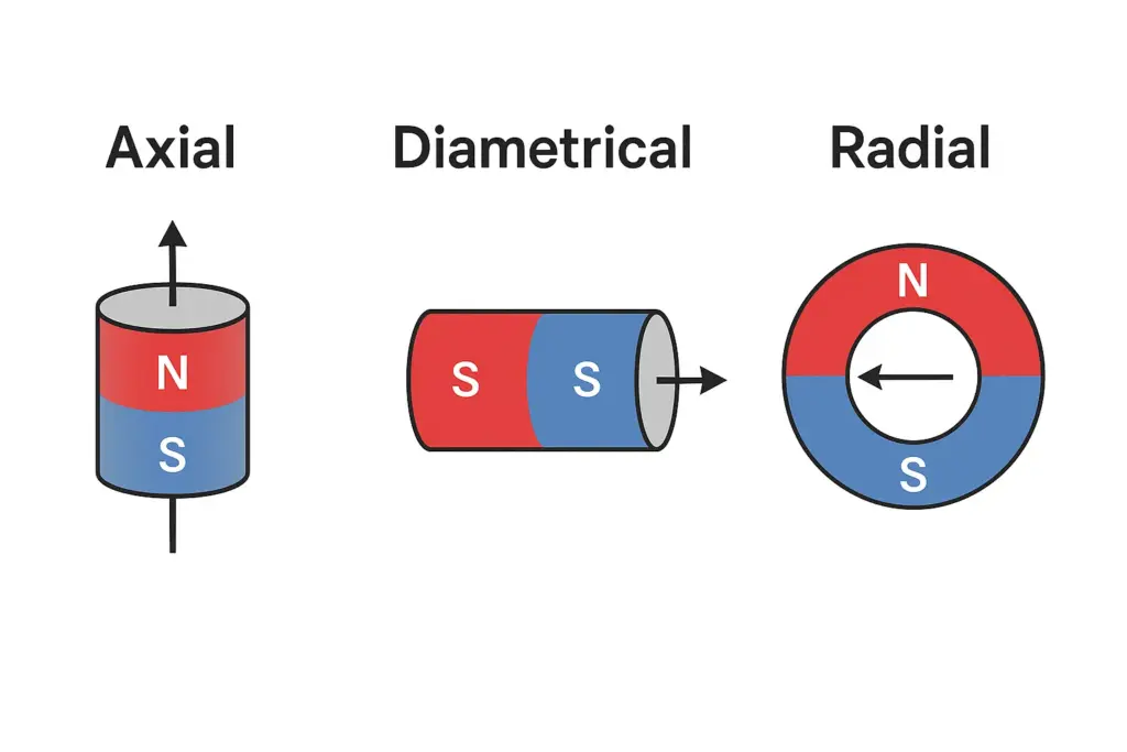 Diagram showing axial, diametrical, and radial magnetization directions in different magnet shapes.