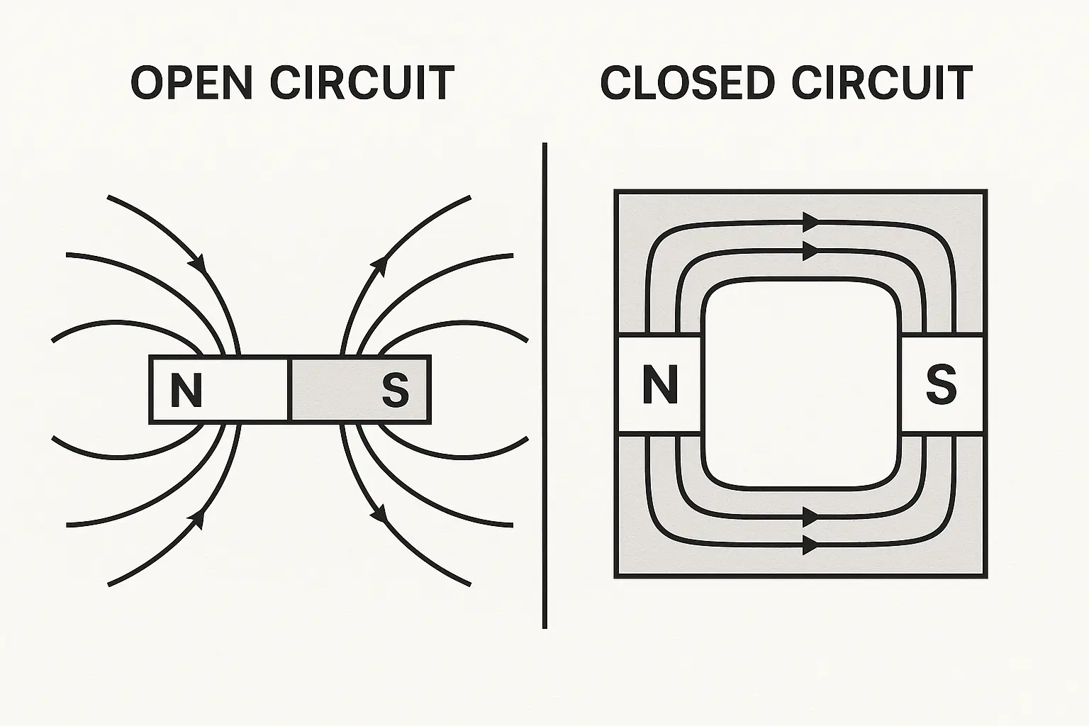 Diagram showing open circuit vs closed circuit magnetic flux in magnets.
