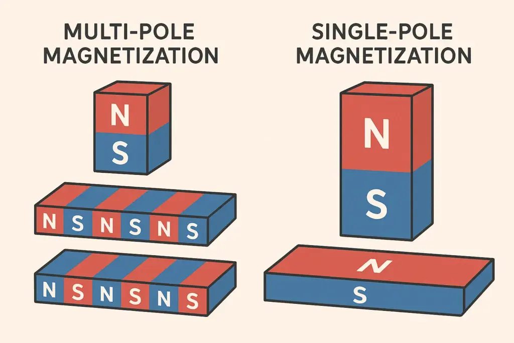 Illustration comparing single-pole and multi-pole magnetization on magnetic blocks and sheets.