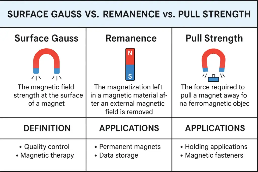 Infographic comparing surface Gauss, remanence, and pull strength in magnets.