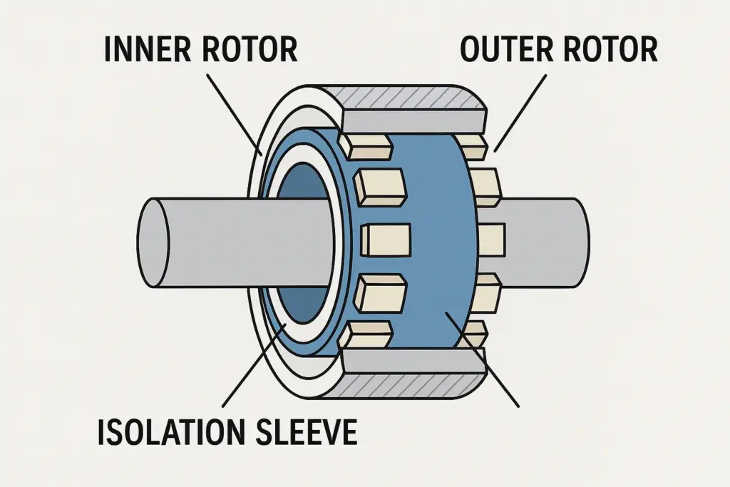 Diagram of magnetic coupling structure with inner rotor, outer rotor, and isolation sleeve for torque transfer