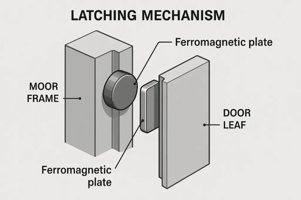 A diagram showing the magnetic latching mechanism of a construction elevator door, with the magnet in the door frame and the ferromagnetic plate on the door leaf.