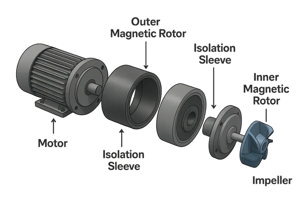 Exploded diagram of magnetic pump structure including outer and inner rotors and isolation sleeve