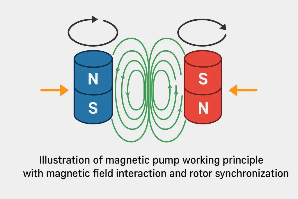 Illustration of magnetic pump working principle with magnetic field interaction and rotor synchronization