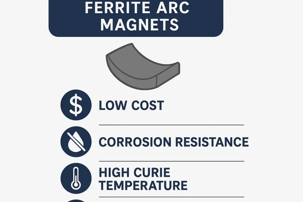 Advantages of ferrite arc magnets including low cost and corrosion resistance infographic.