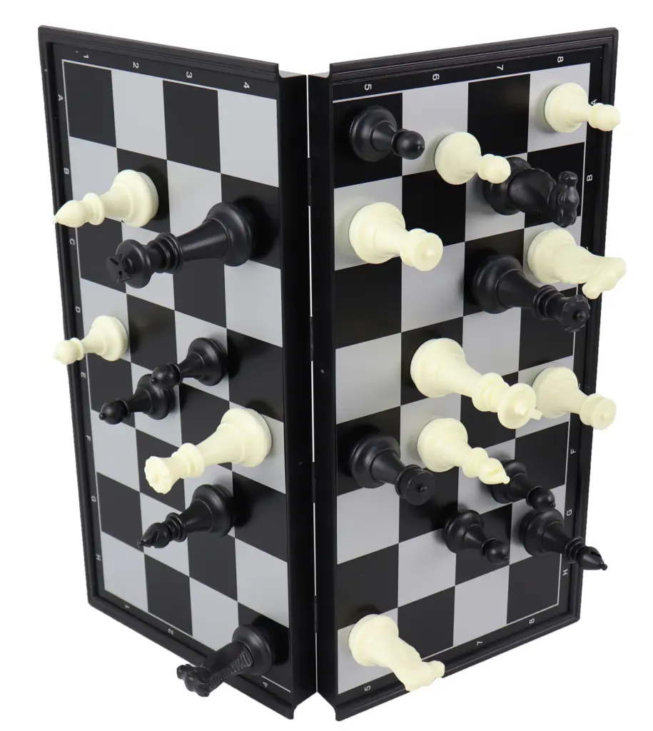 Classic magnetic chess pieces with neodymium magnets on portable metal board.
