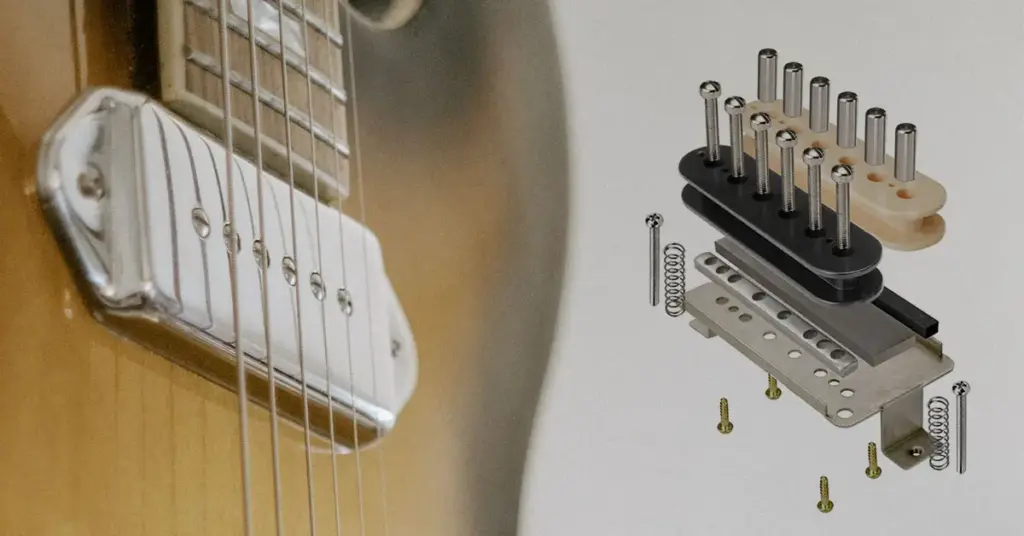 Close-up of guitar pickup magnets showing alnico rods and bar sizes.