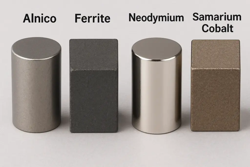 Comparison of Alnico magnet luster and color vs neodymium, ferrite, and samarium cobalt magnets