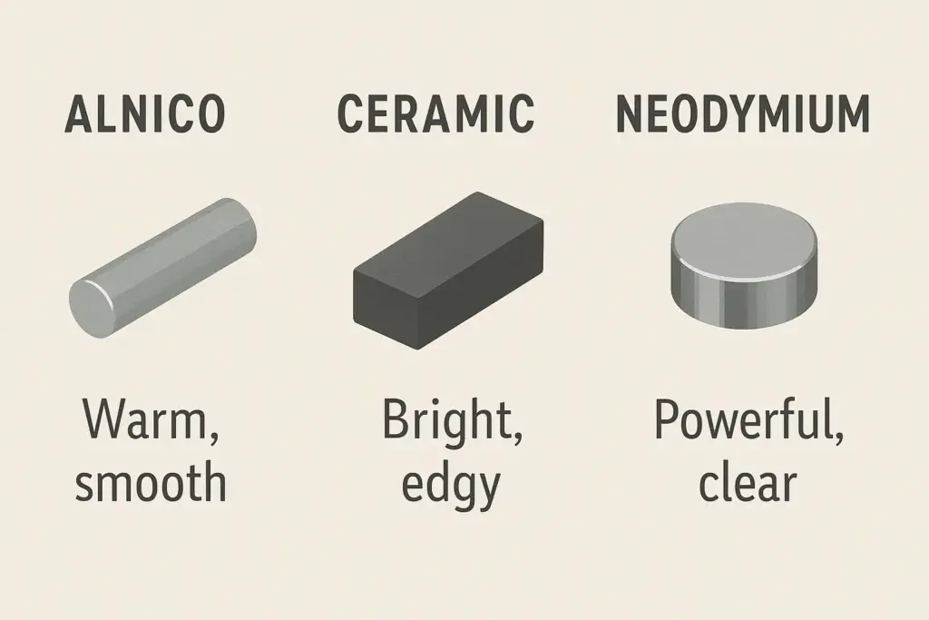 Comparison of alnico vs ceramic vs neodymium guitar pickup magnets and their tones.