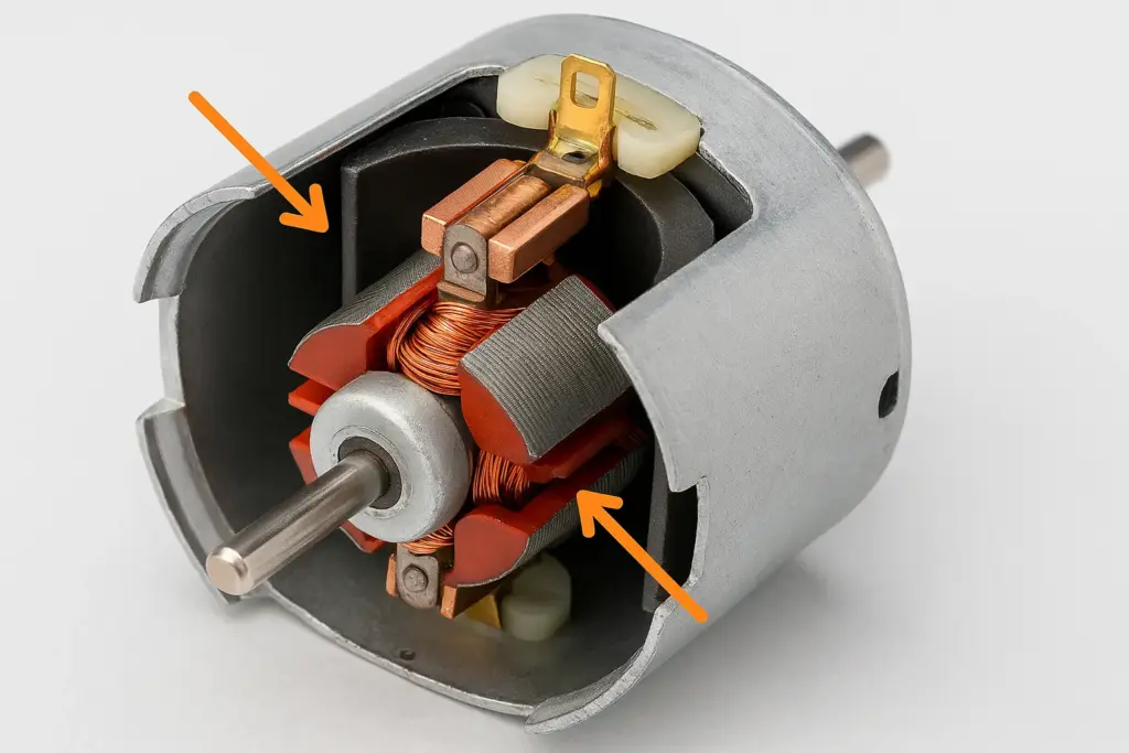 Ferrite arc magnets in small DC motor for toys and hobby projects applications.