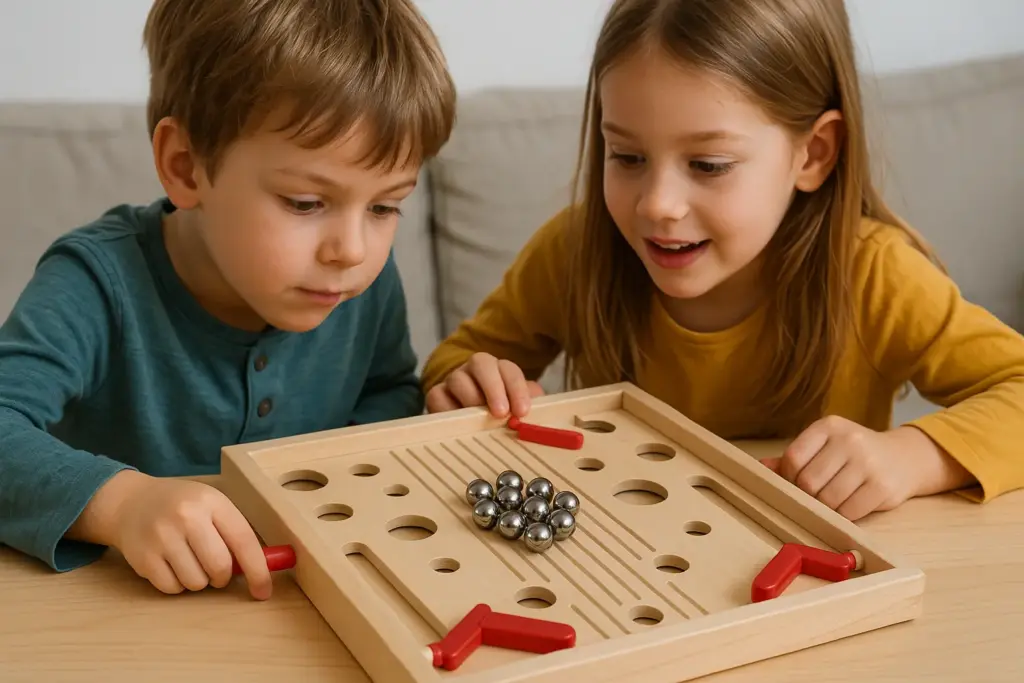 Kids playing magnetic pinball with 12mm ferrite magnetic balls on grooved board.