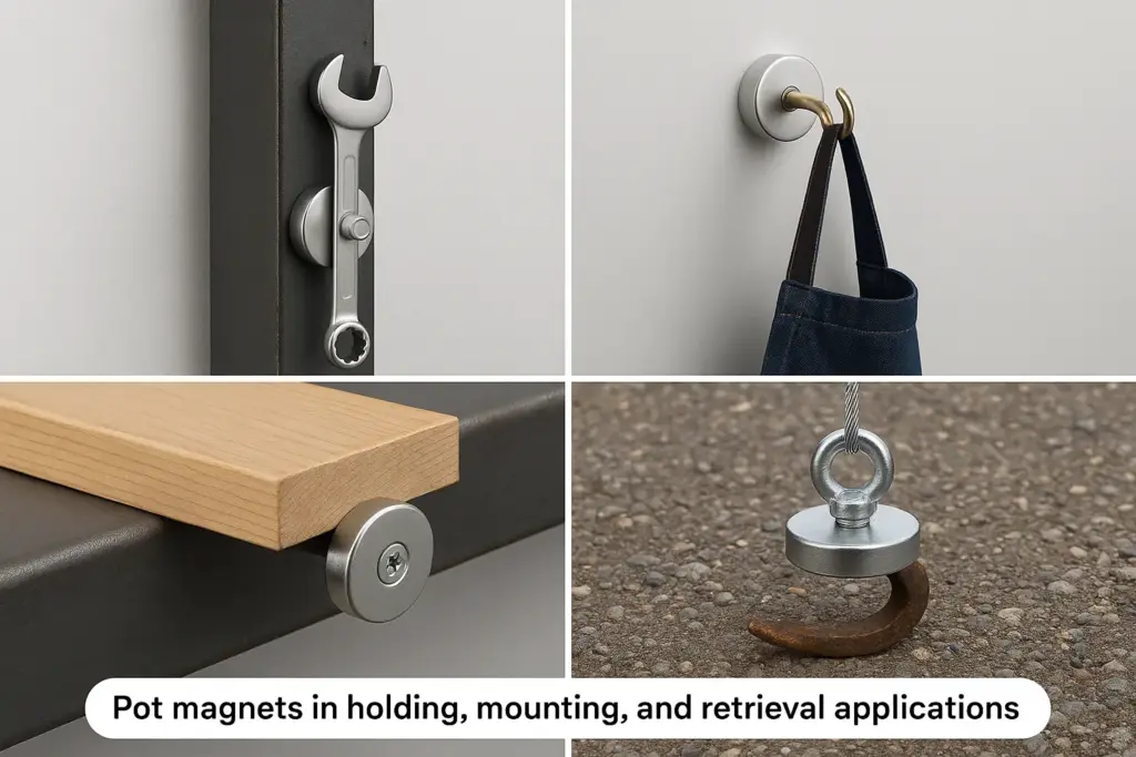 Pot magnets in holding, mounting, and retrieval applications.