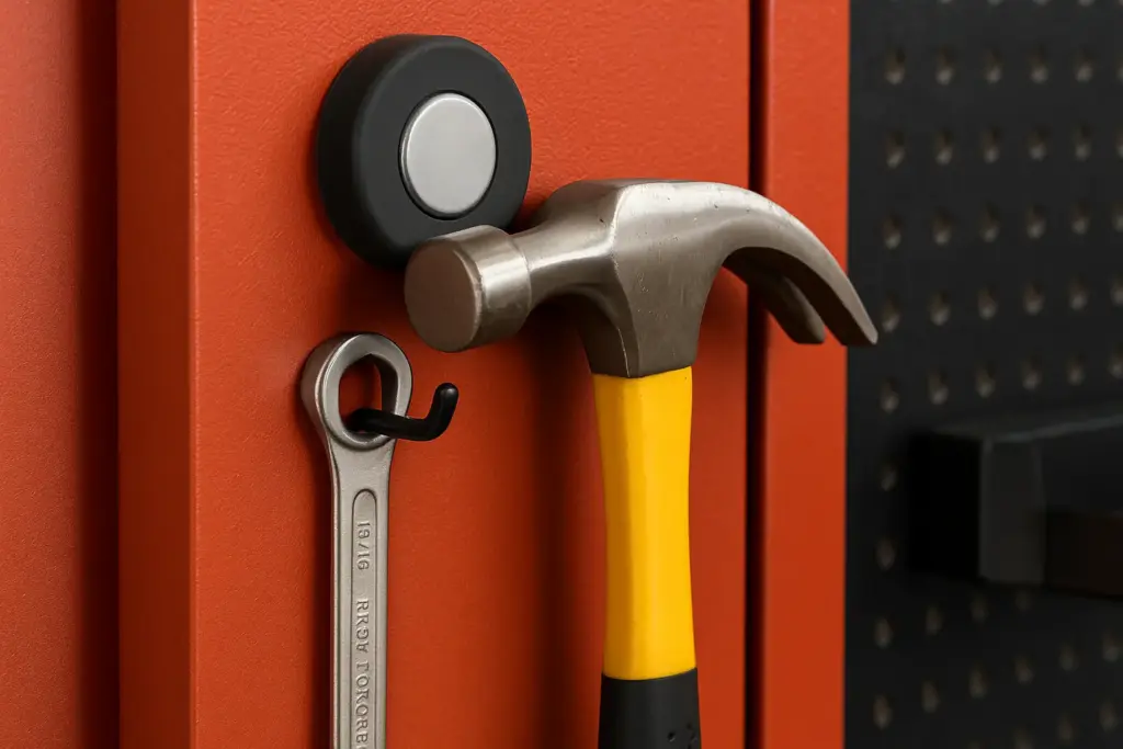 Rubber coated magnets in home, office, and industrial uses like tool retrieval.