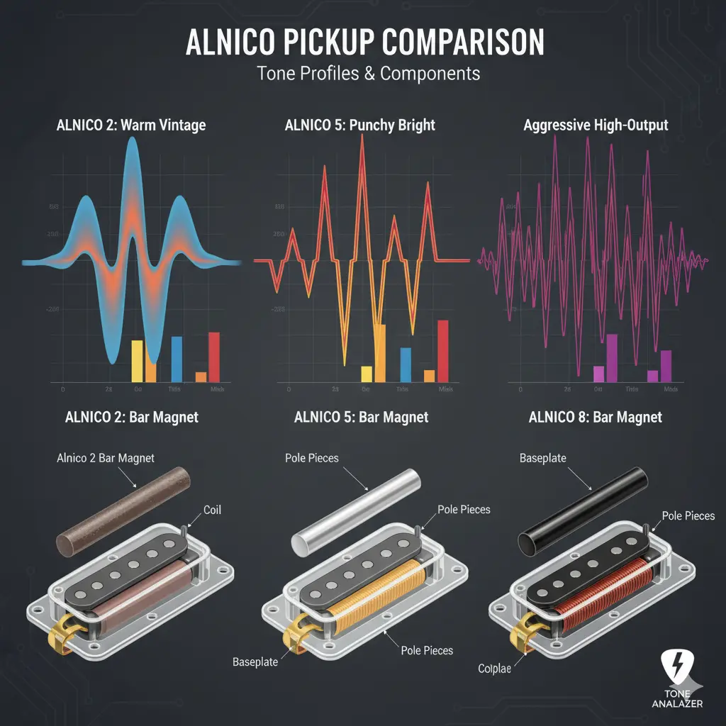 Tone differences of Alnico 2 vs 5 vs 8 for pickups.