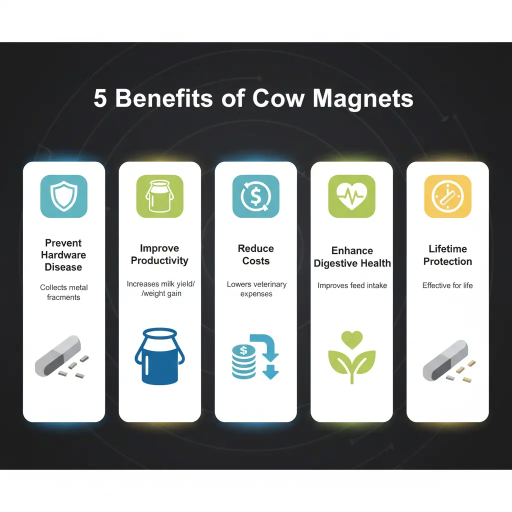 Benefits of cow magnets for cattle health Infographic on preventing hardware disease and improving productivity.