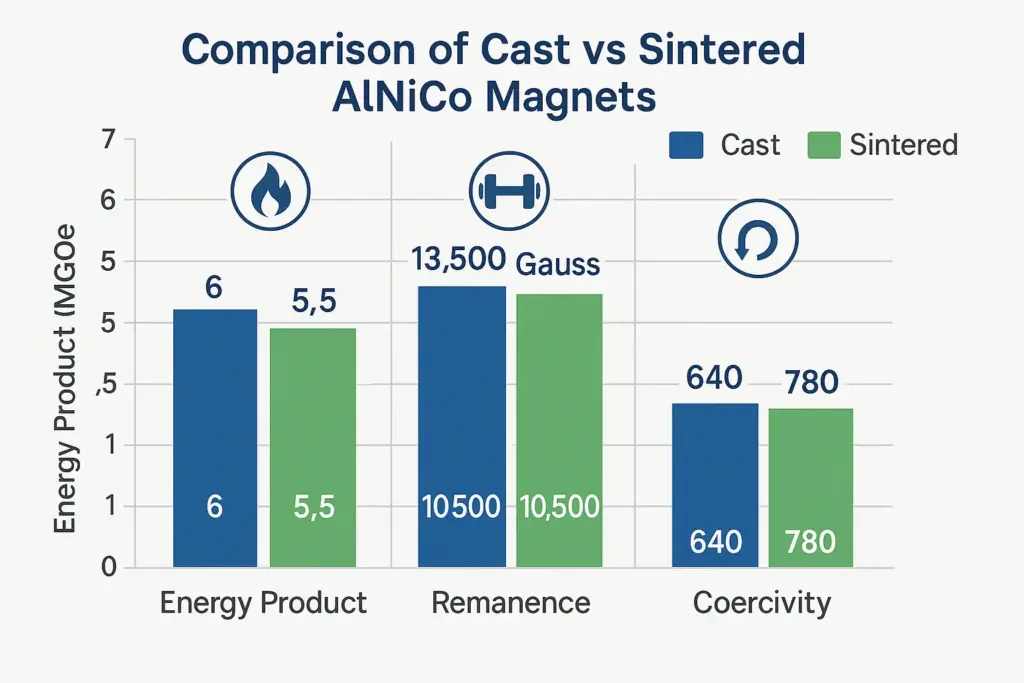 Comparison chart of cast vs sintered AlNiCo magnets Energy product, remanence, and coercivity differences.