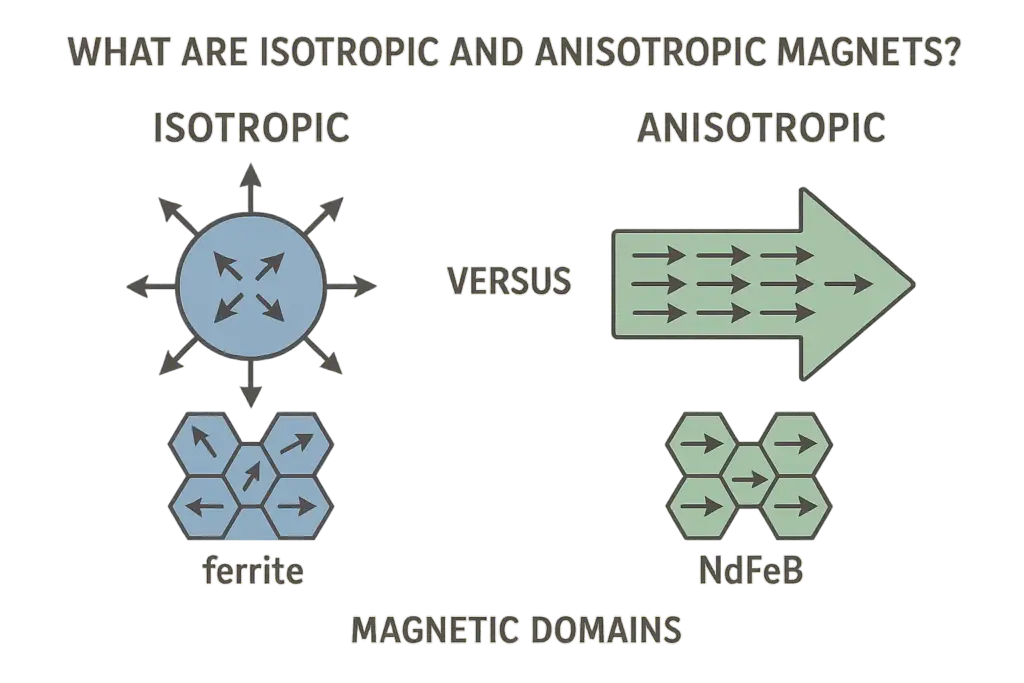 Comparison of isotropic vs. anisotropic magnets, showing uniform magnetic distribution and preferred orientation