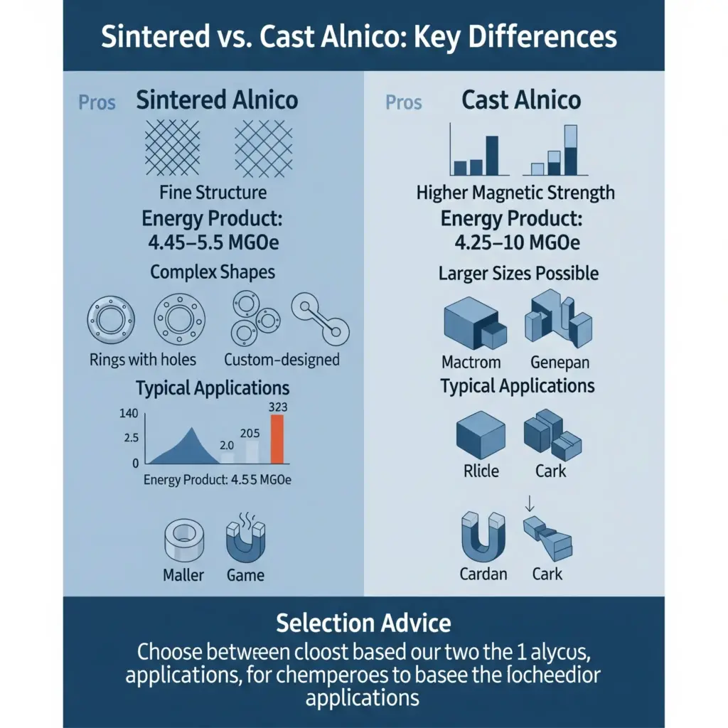 Differences between sintered and cast Alnico magnets Infographic comparison of strength, production, and applications.