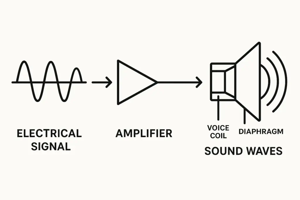 Flowchart illustrating the conversion of electrical signals (waveform) to voice coil motion, diaphragm vibration, and finally audible sound waves.