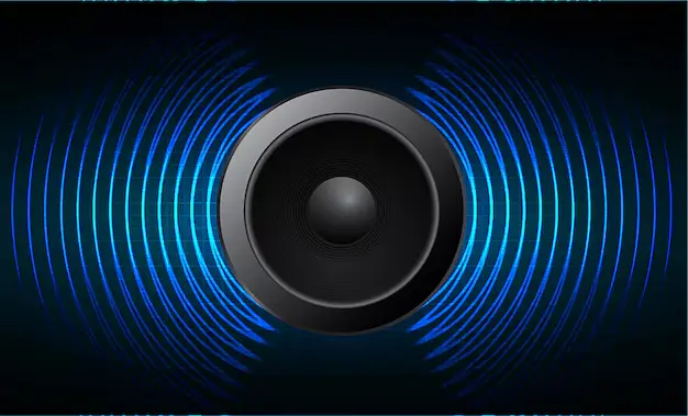 High-quality close-up of a speaker with abstract sound wave visuals, hinting at its function.