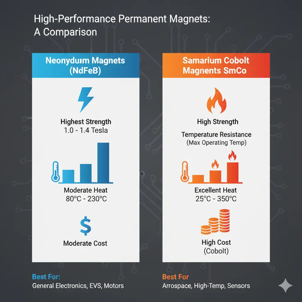 Infographic comparing key performance metrics of Neodymium and Samarium Cobalt magnets (strength, temperature resistance, cost).