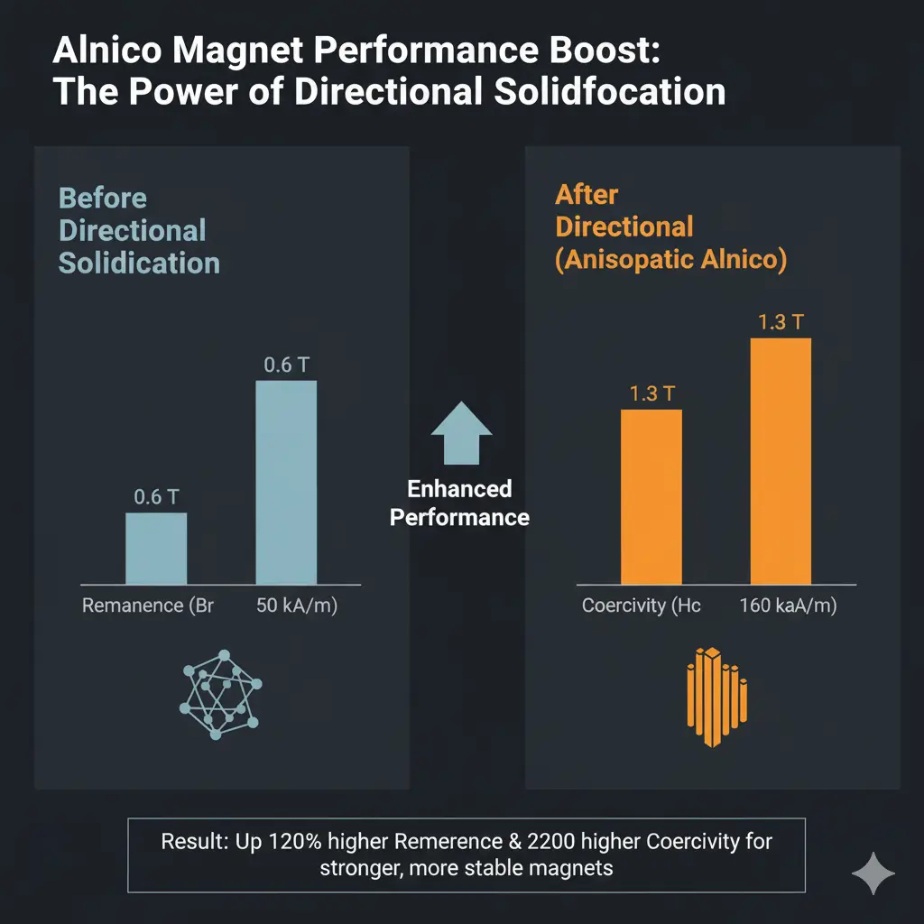 Infographic comparing magnetic properties (coercivity, remanence) of Alnico magnets before and after directional solidification.