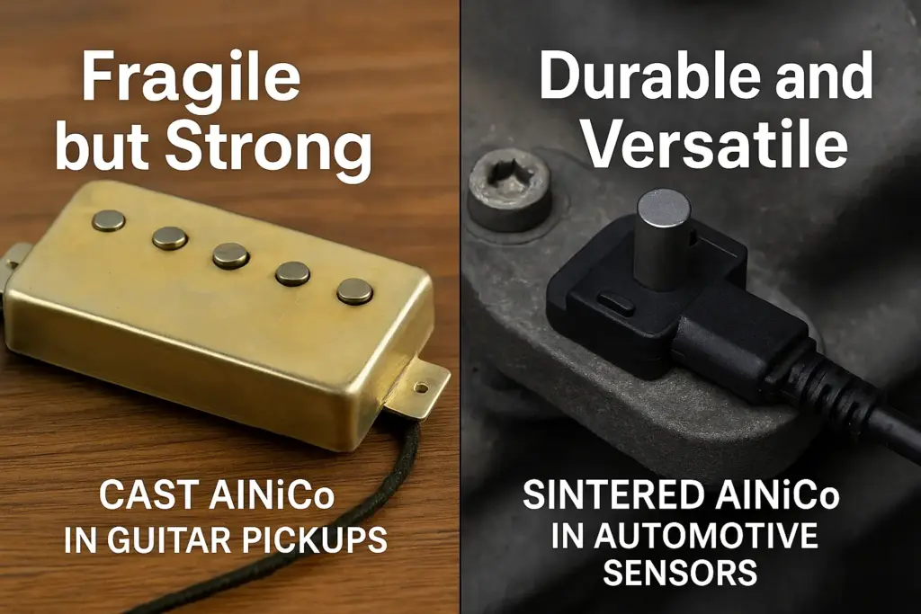 Real-world examples of cast AlNiCo in guitar pickups vs sintered AlNiCo in automotive sensors Durability and uses.