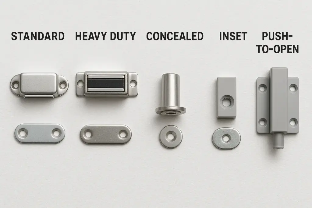 Side-by-side comparison of various magnetic door catch types, including standard, heavy-duty, and concealed designs.