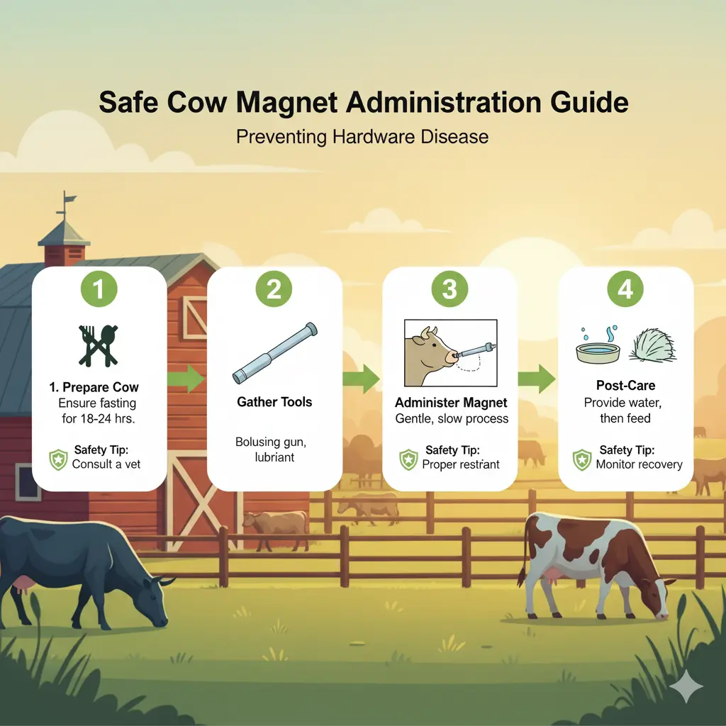 Step-by-step guide to safely administering cow magnets Flowchart for preventing hardware disease in cattle.