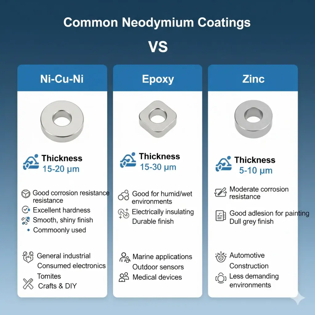 Comparison chart of common neodymium magnet coatings Ni-Cu-Ni, Epoxy, and Zinc