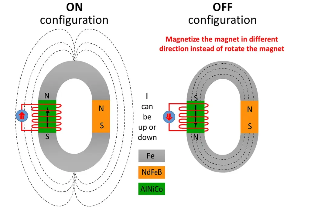 Comparison of electropermanent magnet in on and off states, showing magnetization alignment