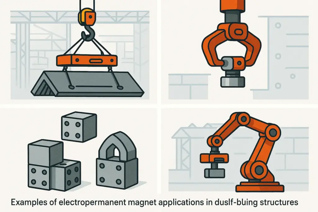 Examples of electropermanent magnet applications in industrial lifting, robotics, and self-building structures