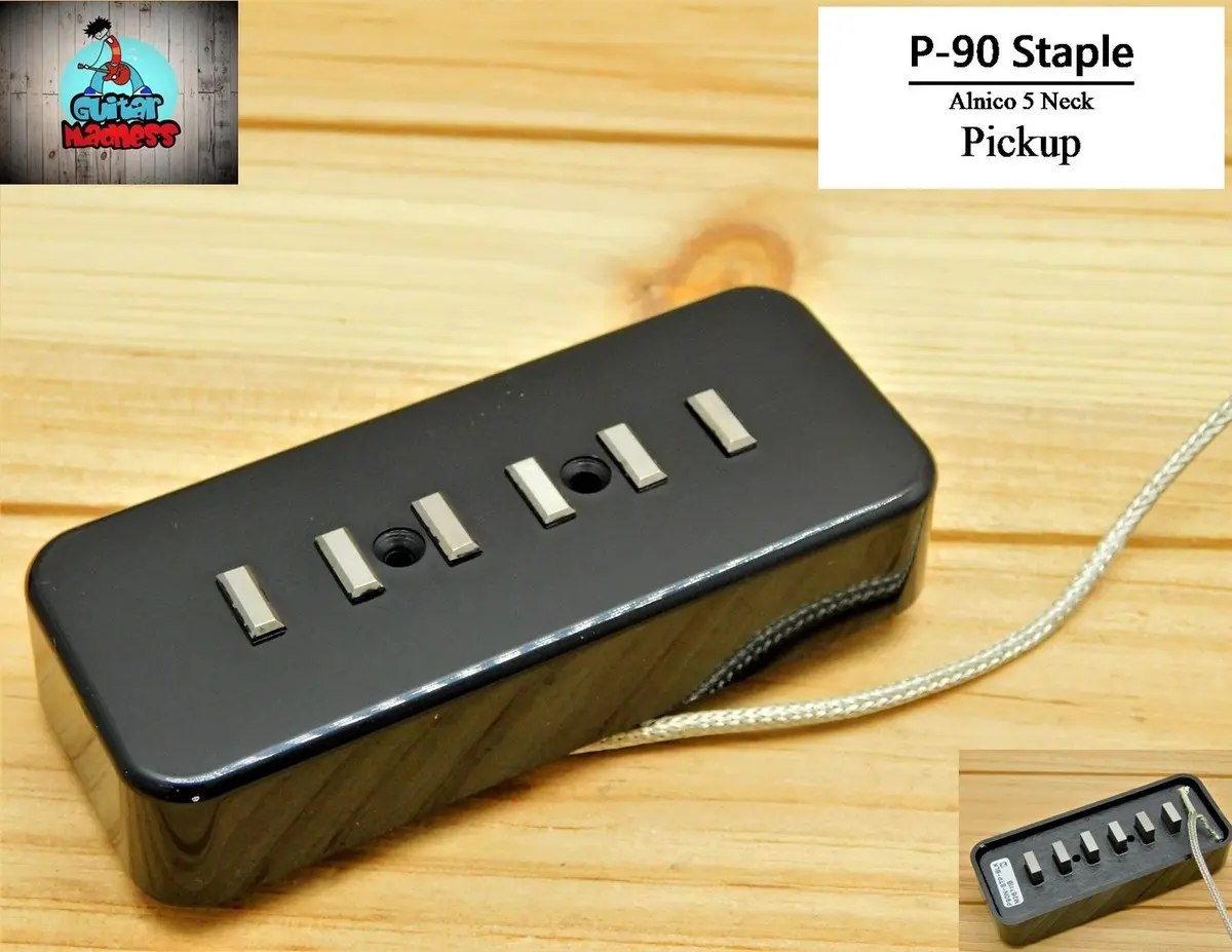 Alnico block magnet in staple-style P90 guitar pickup, highlighting core components