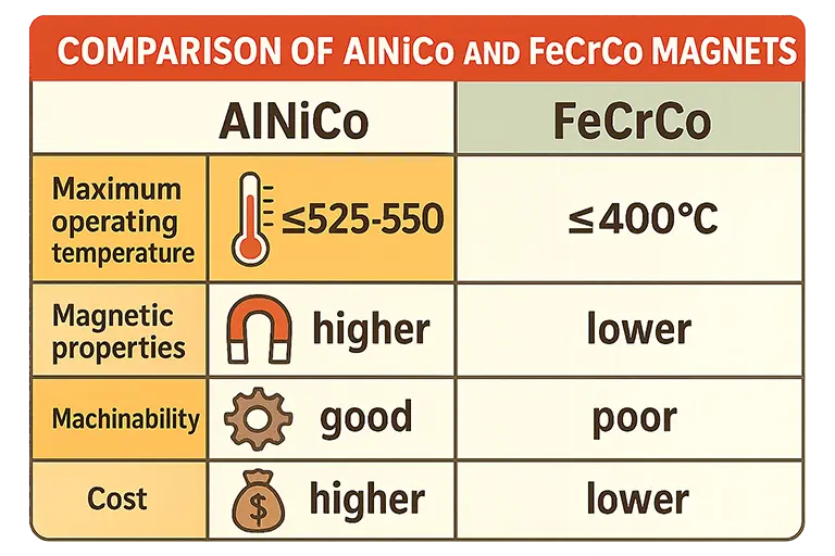 Infographic comparing key properties of AlNiCo and FeCrCo magnets, including temperature stability and machinability