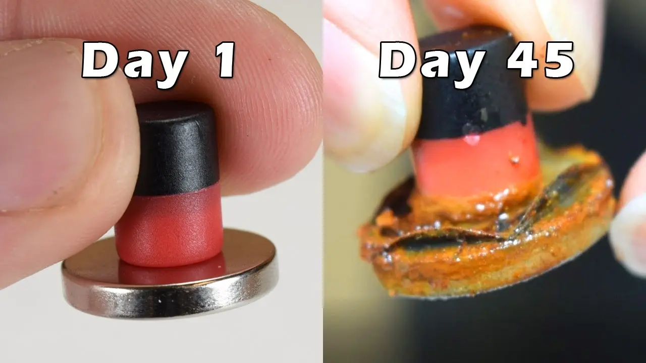 Before and after image of a permanent magnet rusting in water