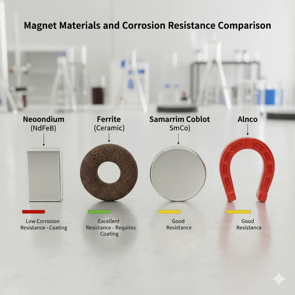 Comparison of neodymium, ferrite, samarium cobalt, and alnico magnets with corrosion resistance levels