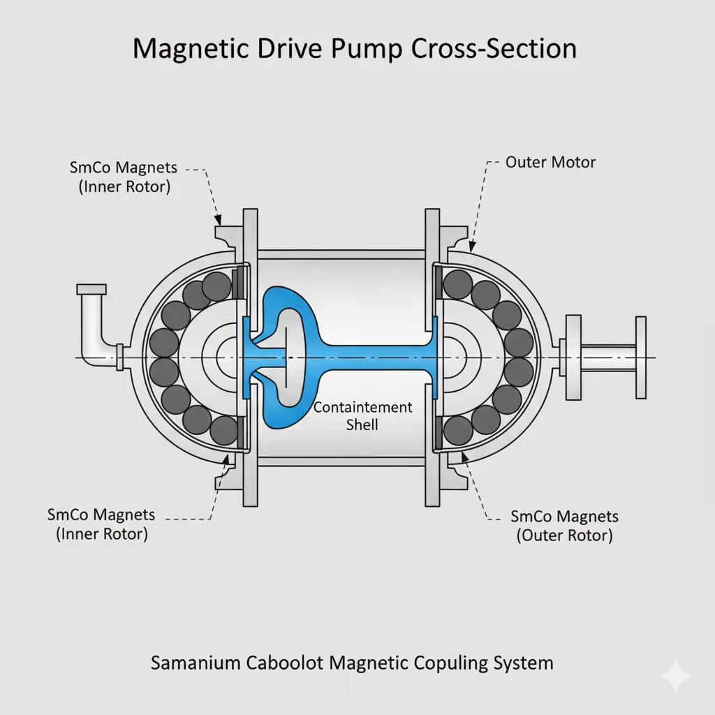 Cross-section of a mag-drive pump showing Samarium Cobalt magnets in the coupling system