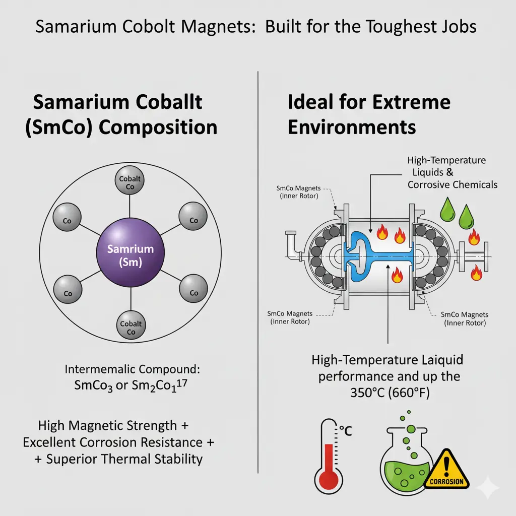 Diagram of Samarium Cobalt magnet composition and use in high-temperature magnetic pumps