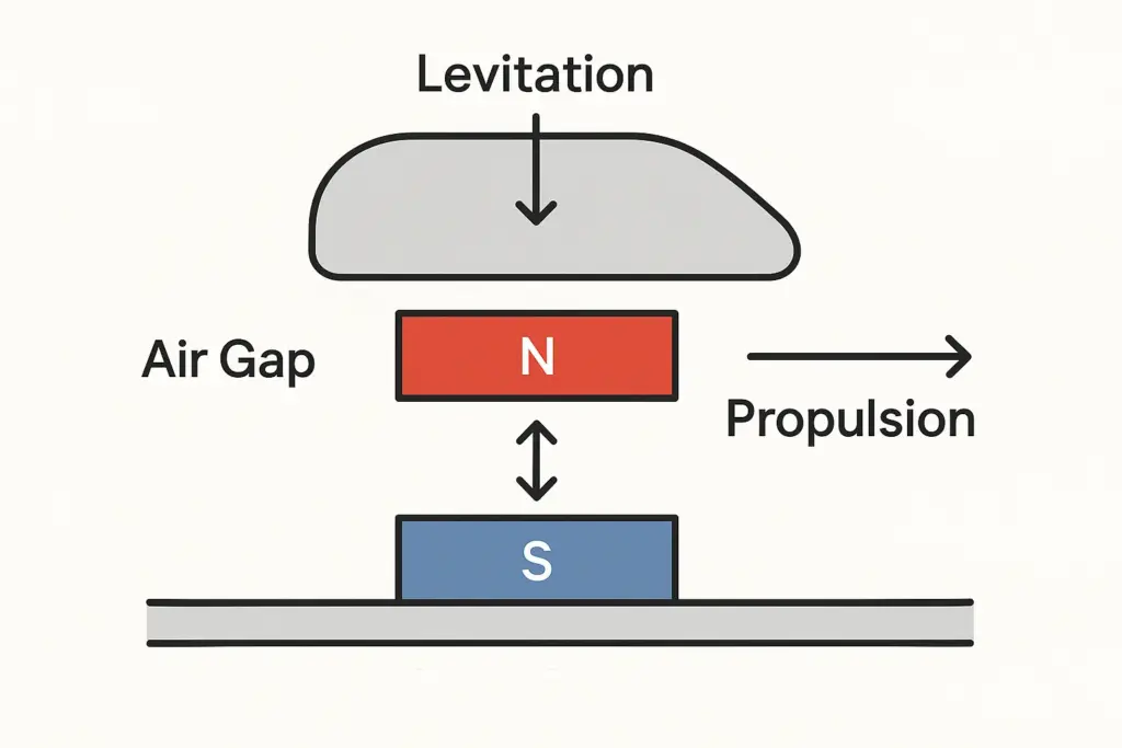 Diagram showing magnetic levitation and propulsion principles in maglev trains