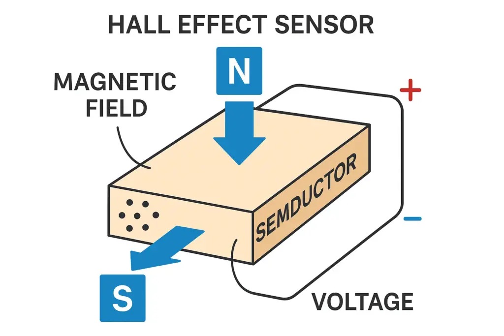 A diagram illustrating the Hall effect sensor, showing a magnetic field passing through a semiconductor and generating a voltage.