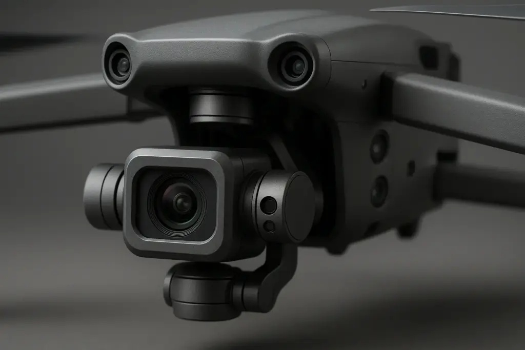 A three-axis camera gimbal on a drone, showing the motors and sensors that keep the camera stable.