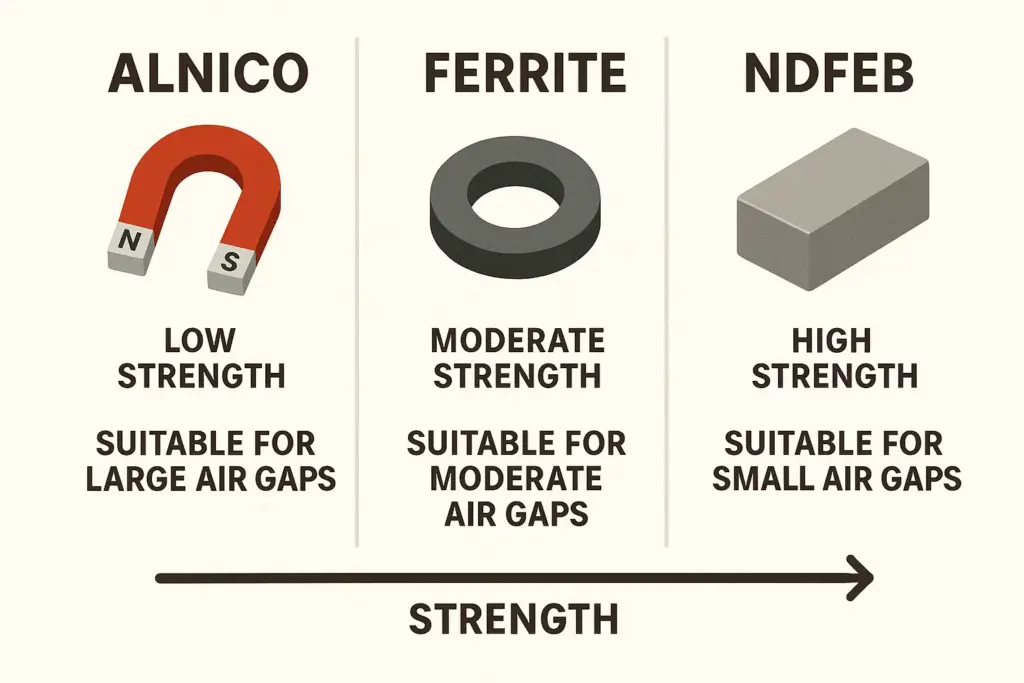 Comparison of AlNiCo, ferrite, and neodymium magnets for different air gap applications
