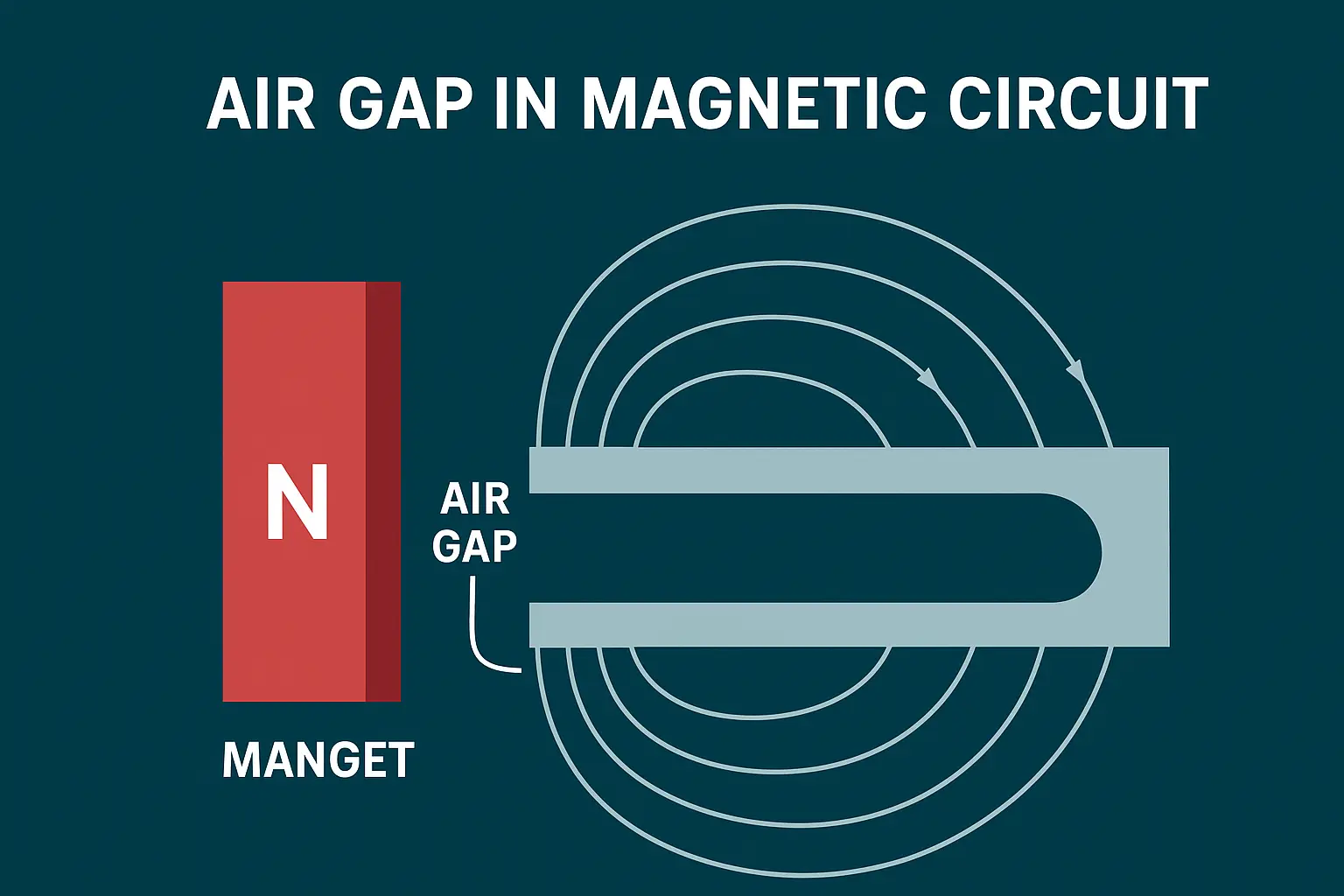 Illustration of an air gap in a magnetic circuit with flux lines across non-magnetic separation