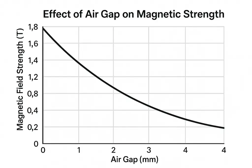 Magnetic field strength decreases as air gap size increases in magnetic circuits