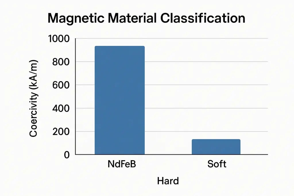 Bar chart comparing coercivity of hard and soft magnetic materials like NdFeB and pure iron